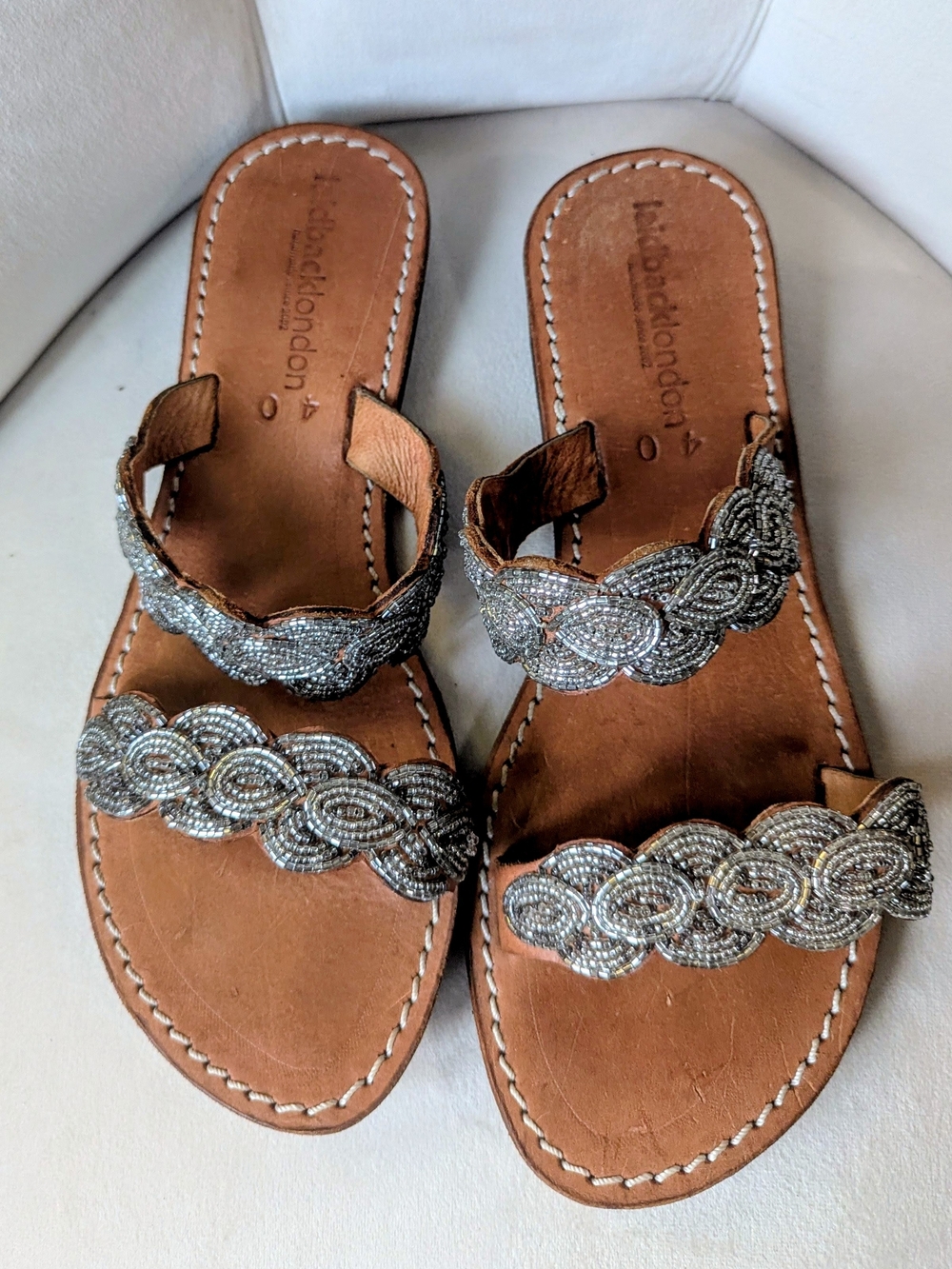 Laidback London Hand Made Brown Leather Slide Sandals with Silver Beaded Straps
